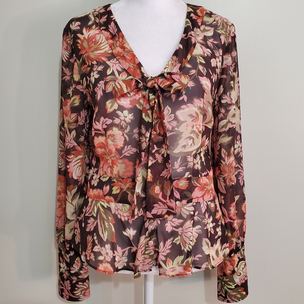 Ann Taylor Loft Y2k brown coral floral chiffon sheer tie front peplum blouse 4